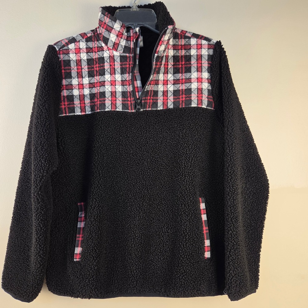 Vera Bradley Womens M Black Sherpa Fleece Quarter Zip Plaid Quilted Pullover